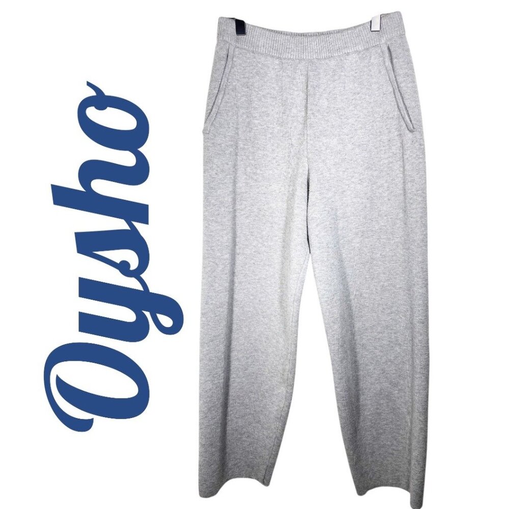 OYSHO STRAIGHT LEG CROPPED COZY KNIT SWEATER PANTS LIGHT GRAY LOUNGE, SIZE SMALL